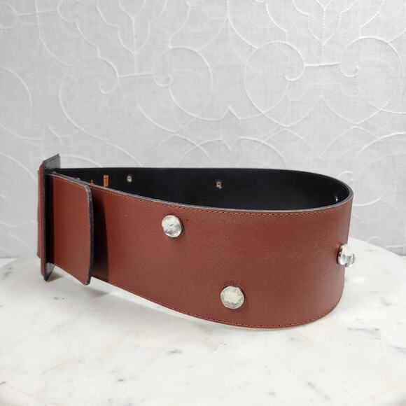 Vintage Yves Saint Laurent Wide Belt S Brown Leather‎ Buckle Rhinestone Rivets main image 5